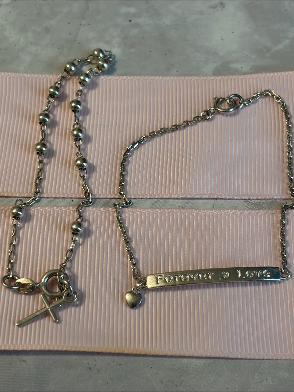 Sterling Silver 'Forever Love' Bar Bracelet and Beaded Chain bracelet Set